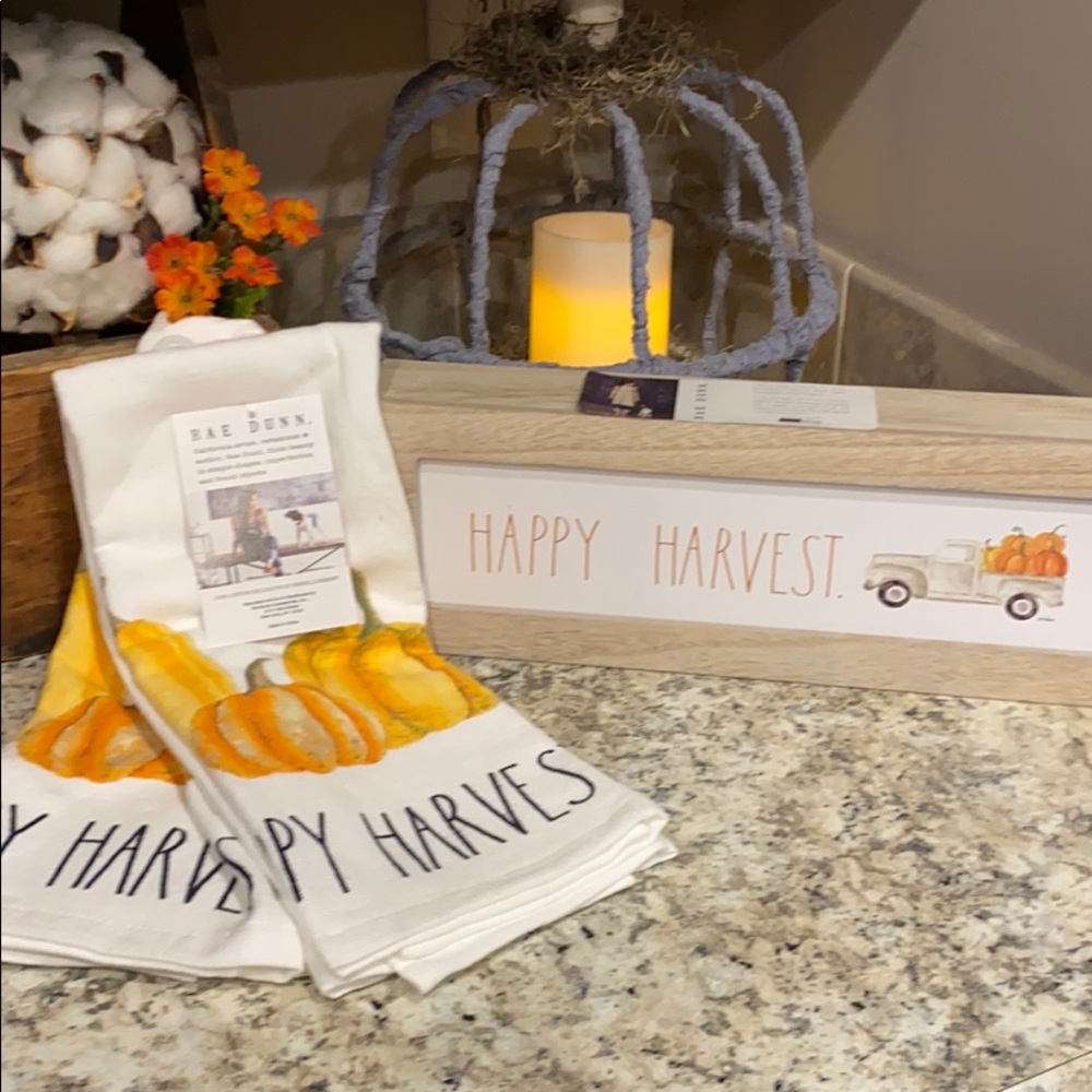 Rae Dunn HAPPY HARVEST Kitchen Towels & Wood Sign